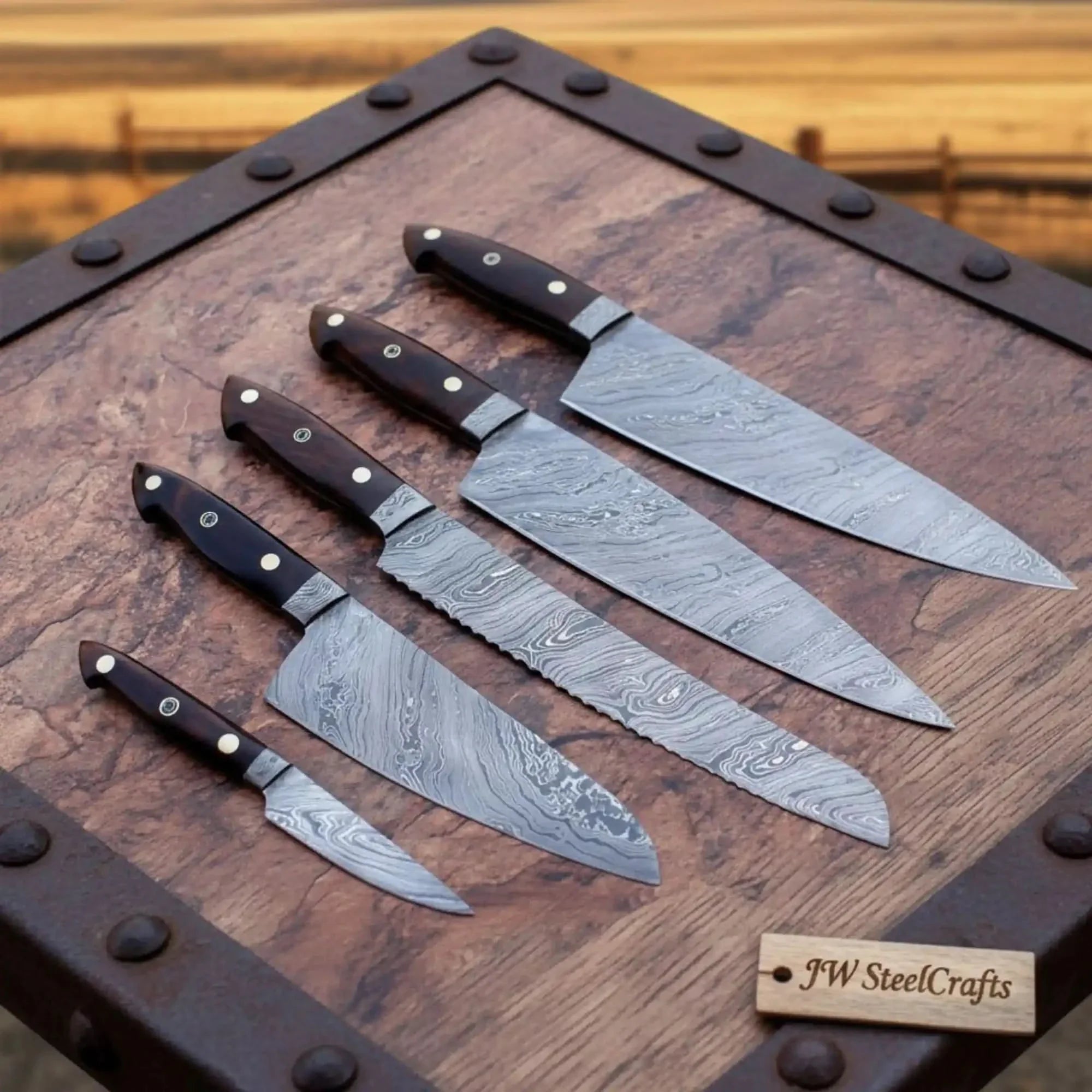 5-Piece Damascus Bread Santoku Chef Knife Set with Rosewood Handles