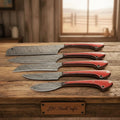 5-Piece Damascus Bunka Gyuto Santoku Knife Set with Red Pakka Wood Handles