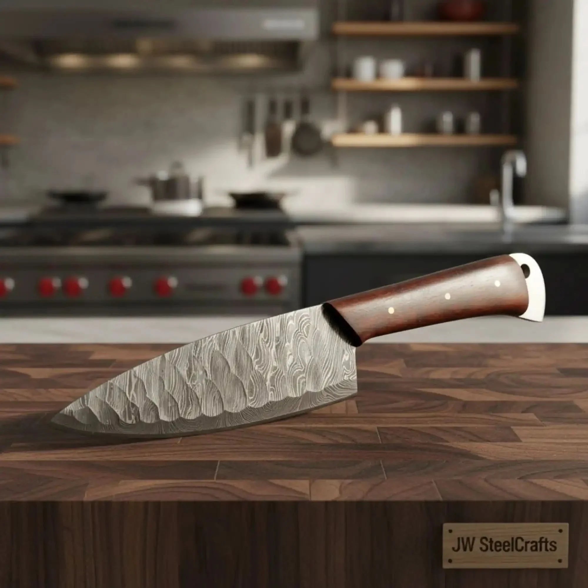 7 Inch Hammered Damascus Chef Knife – Hand Forged with Rosewood Handle