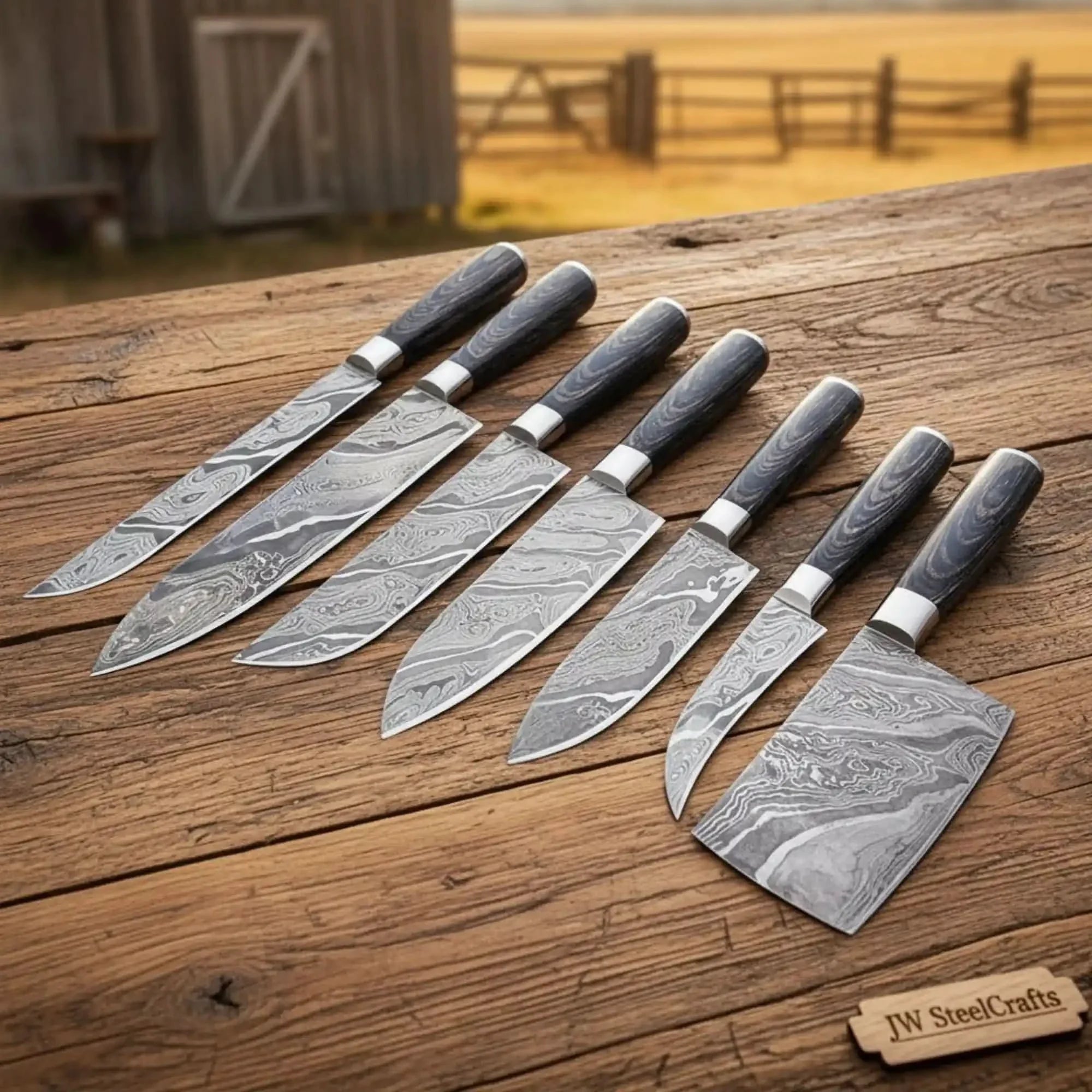 7-Piece Damascus Butcher Knife Set Knife Set with Pakka Wood Handles