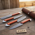 Handmade Damascus Camping & Hunting Knife Set with Orange Wood Handle