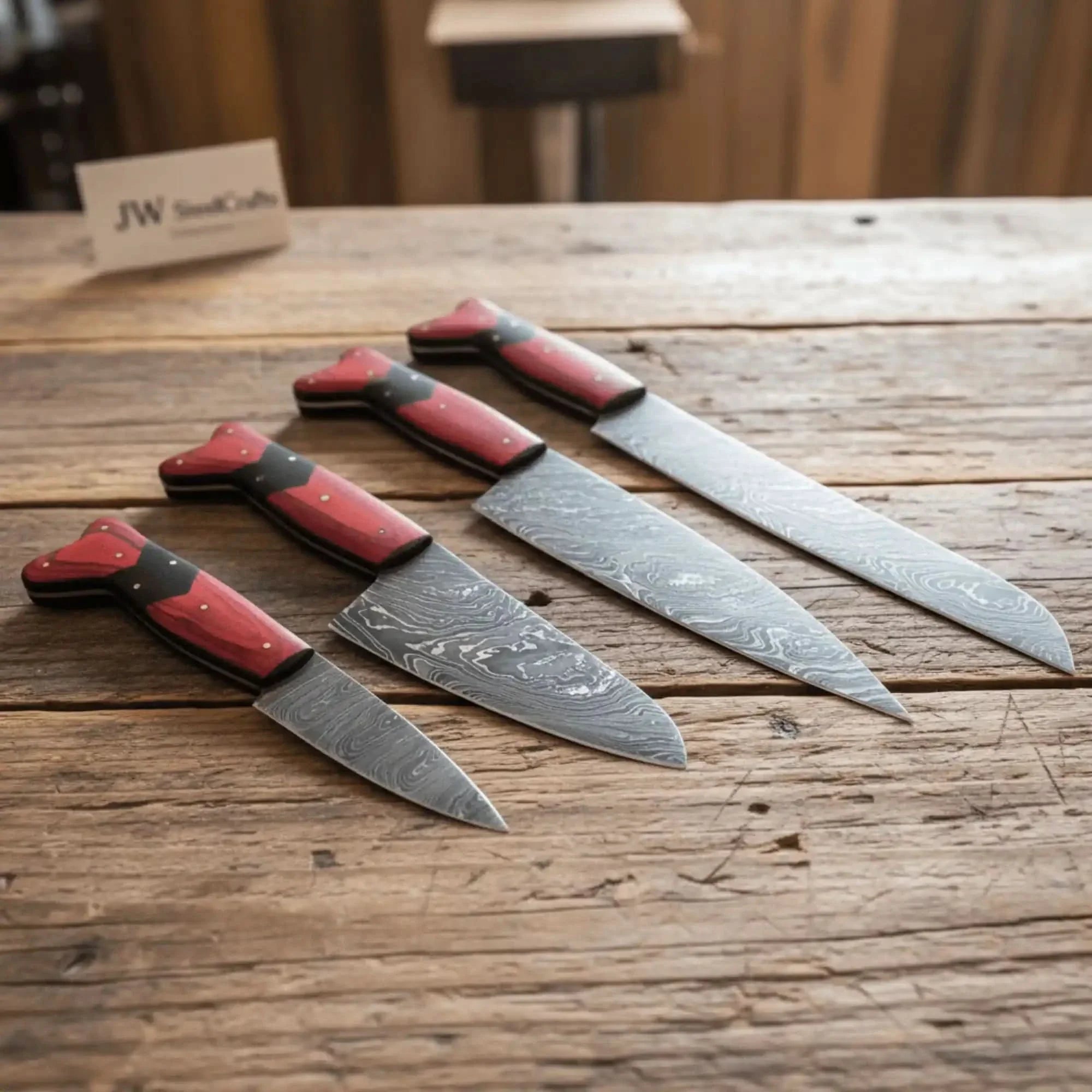 5-Piece Damascus Carving Knife Set Red Pakka Black Resin with Wood Grain Damascus Blades