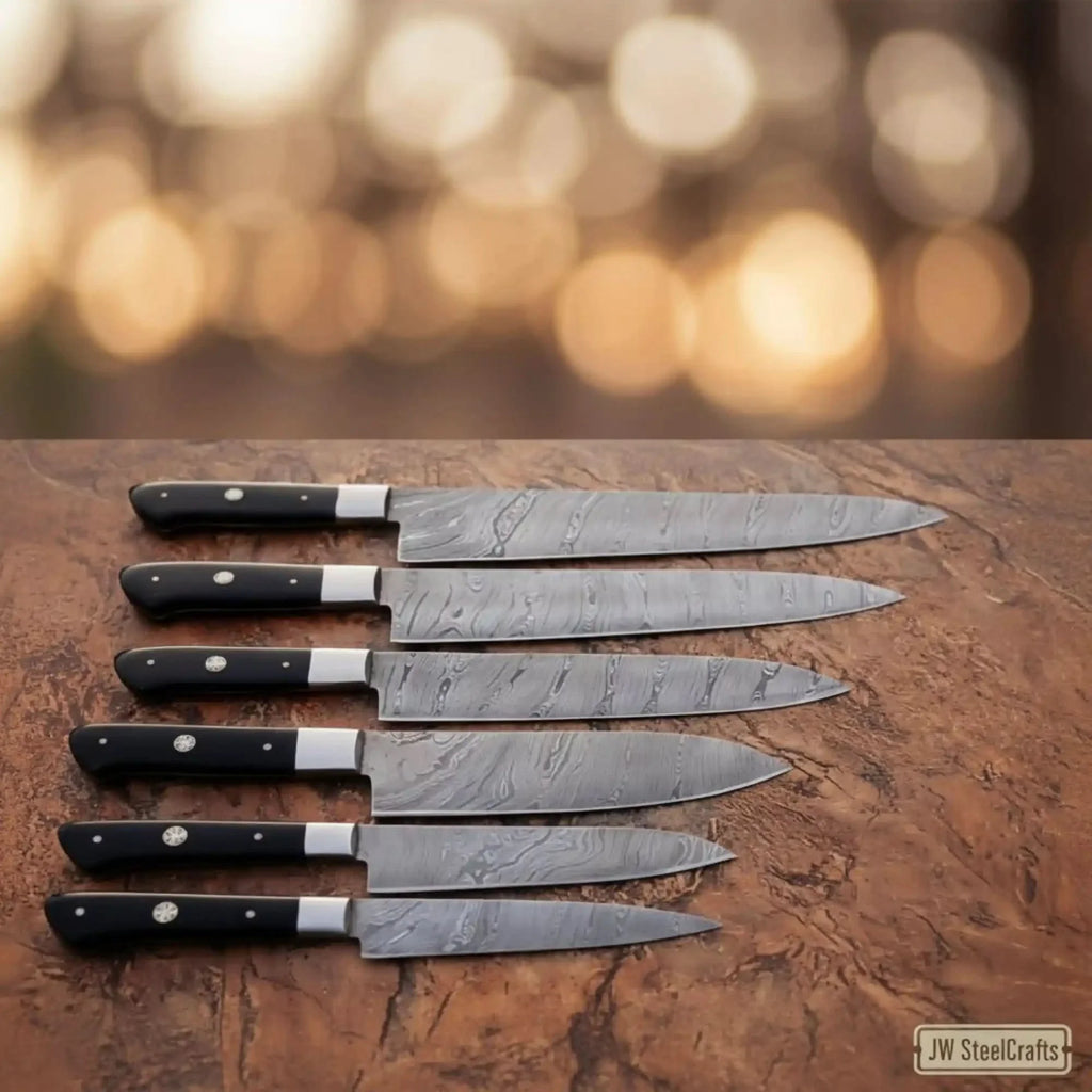 Forged 6-Piece Damascus Carving and Slicer Knife Set with Long Damascus Blades, Black Resin Handles