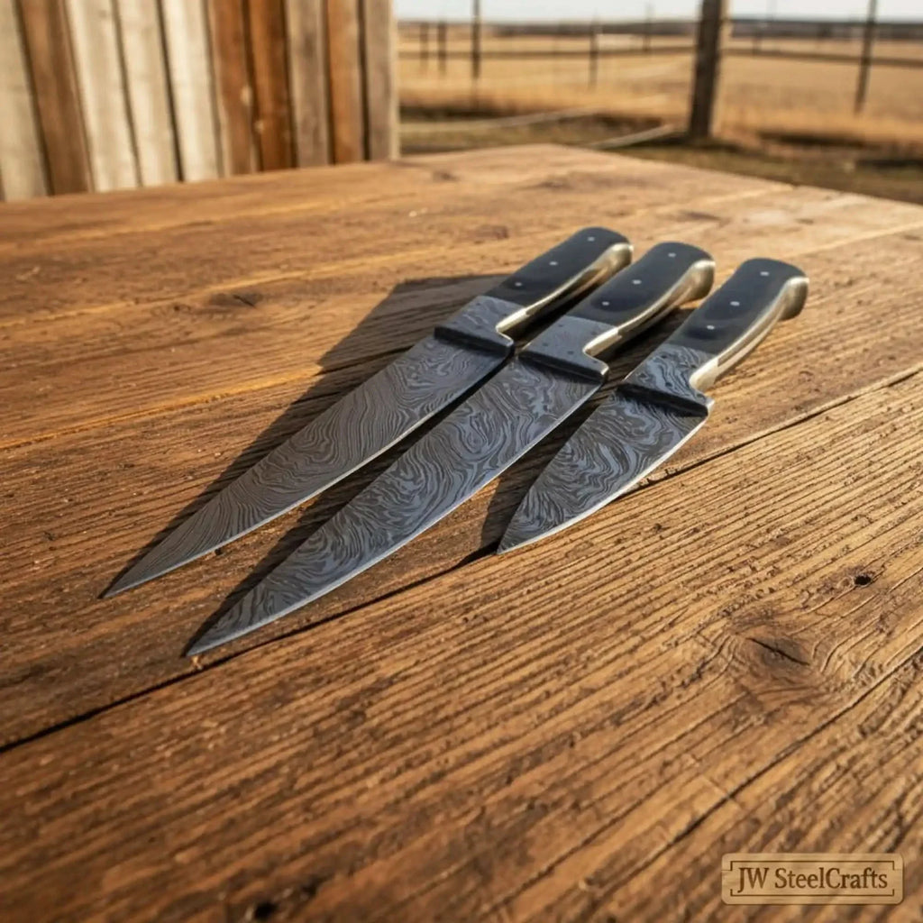 3-Piece Damascus Chef Knife Set Black Micarta with Full Tang Blades