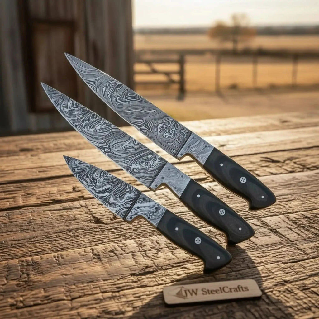 3-Piece Damascus Chef Knife Set Black Micarta with Full Tang Blades