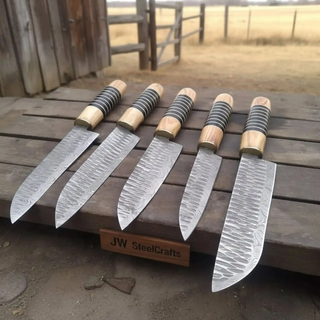 Hand Forged 5-Piece Damascus Chef Knife Set — Olive Wood & Black Resin Handles