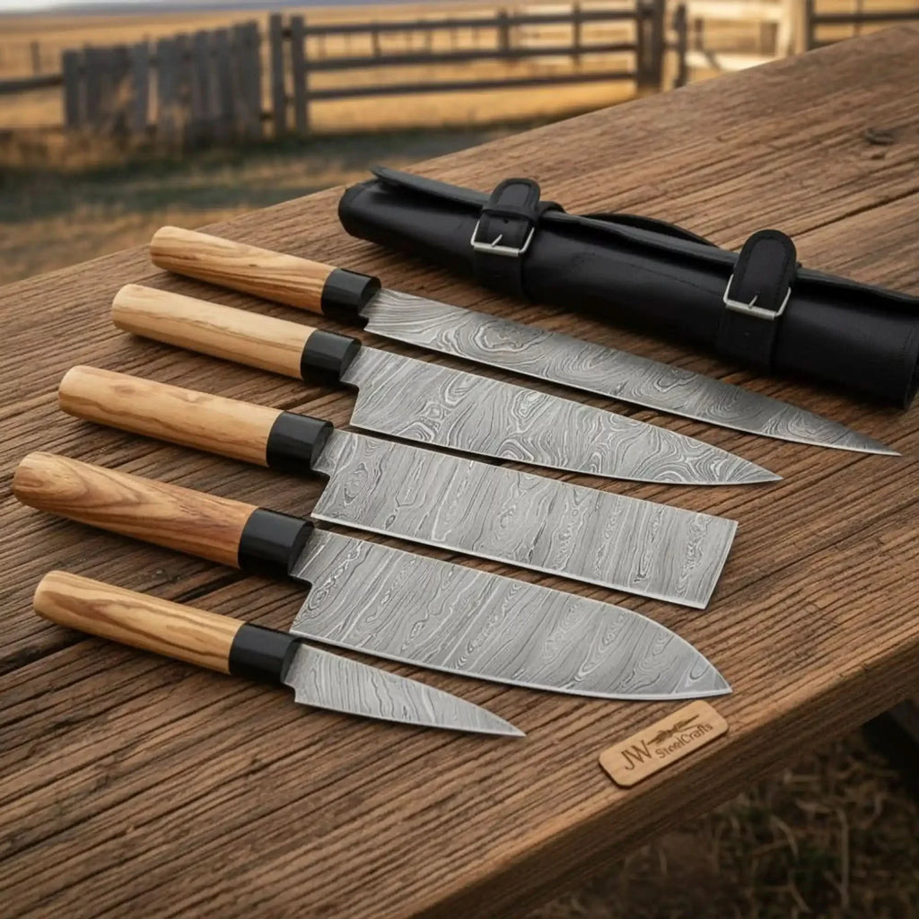 5-Piece Damascus Chef Knife Set Olive Wood Leather Roll with Wood Grain Blades
