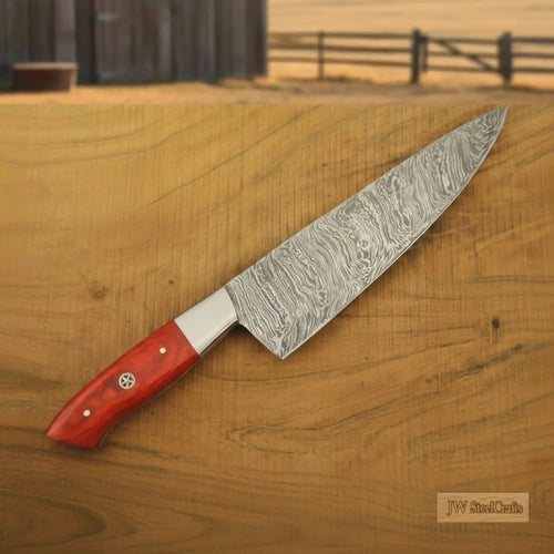 3 Piece Handmade Damascus chef Knife Set Red Pakka Wood Handles