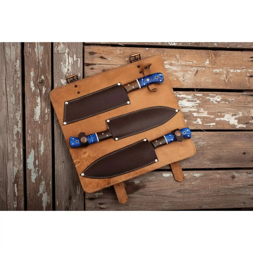 3-Piece Damascus Chef Knife Set Resin Wood Handle with Blue Resin and Rosewood Handles