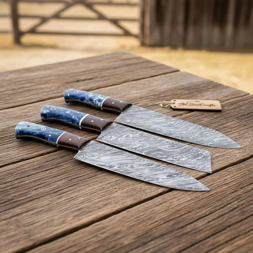 3-Piece Damascus Chef Knife Set Resin Wood Handle with Blue Resin and Rosewood Handles