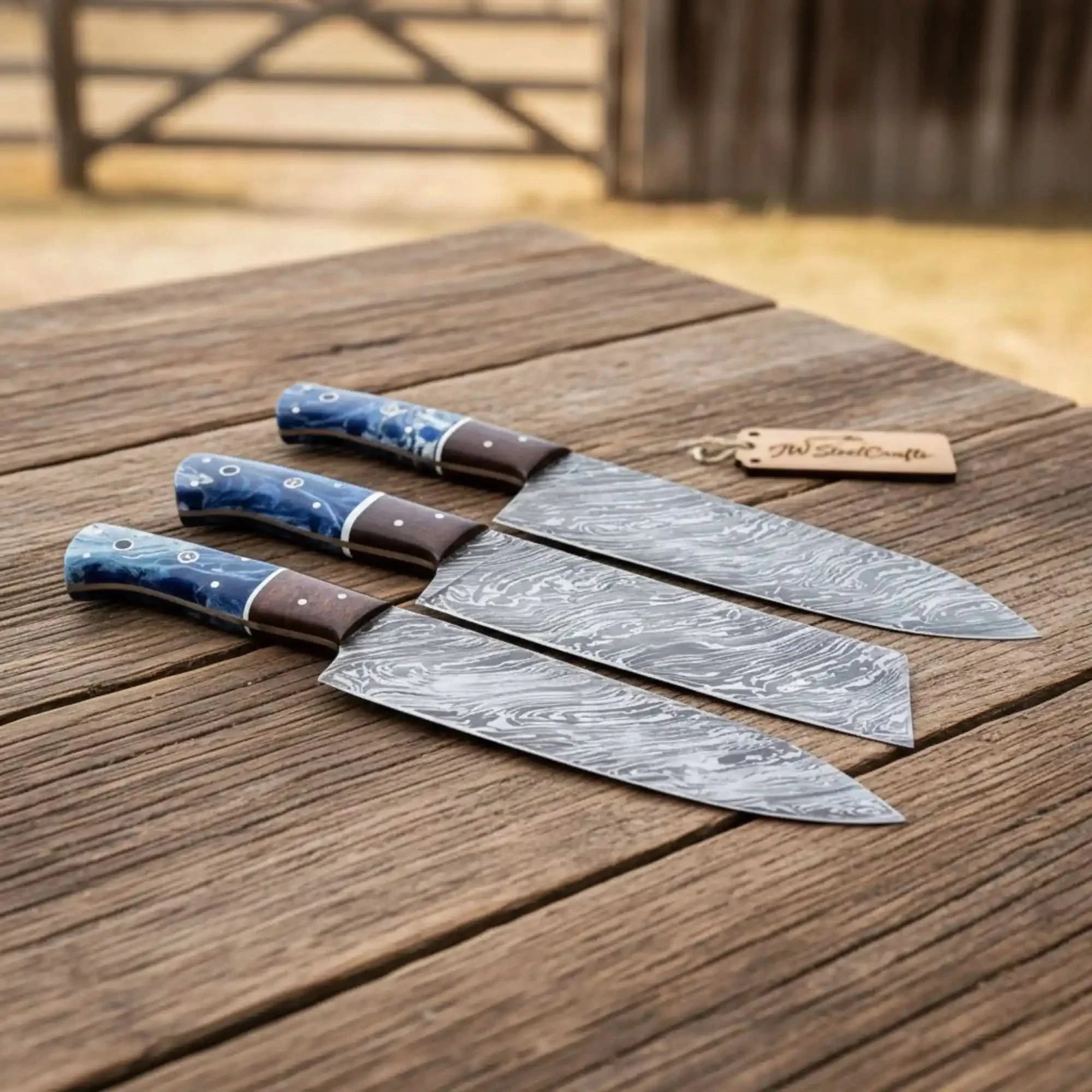 3-Piece Damascus Chef Knife Set Resin Wood Handle with Blue Resin and Rosewood Handles