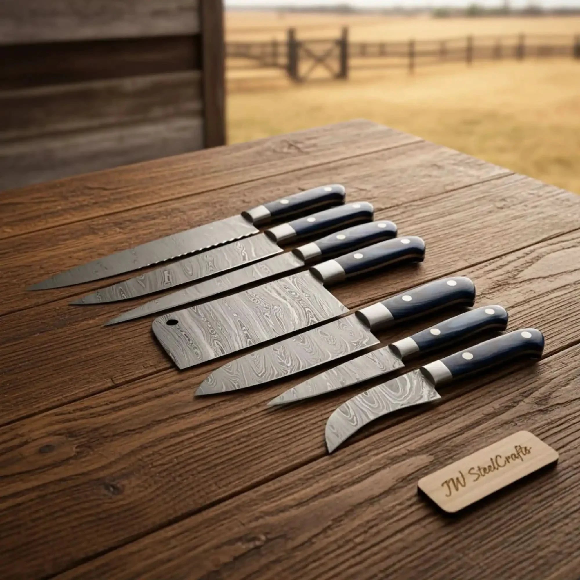 7-Piece Damascus Knife Set with Serrated Bread Knife with Black Resin Handles