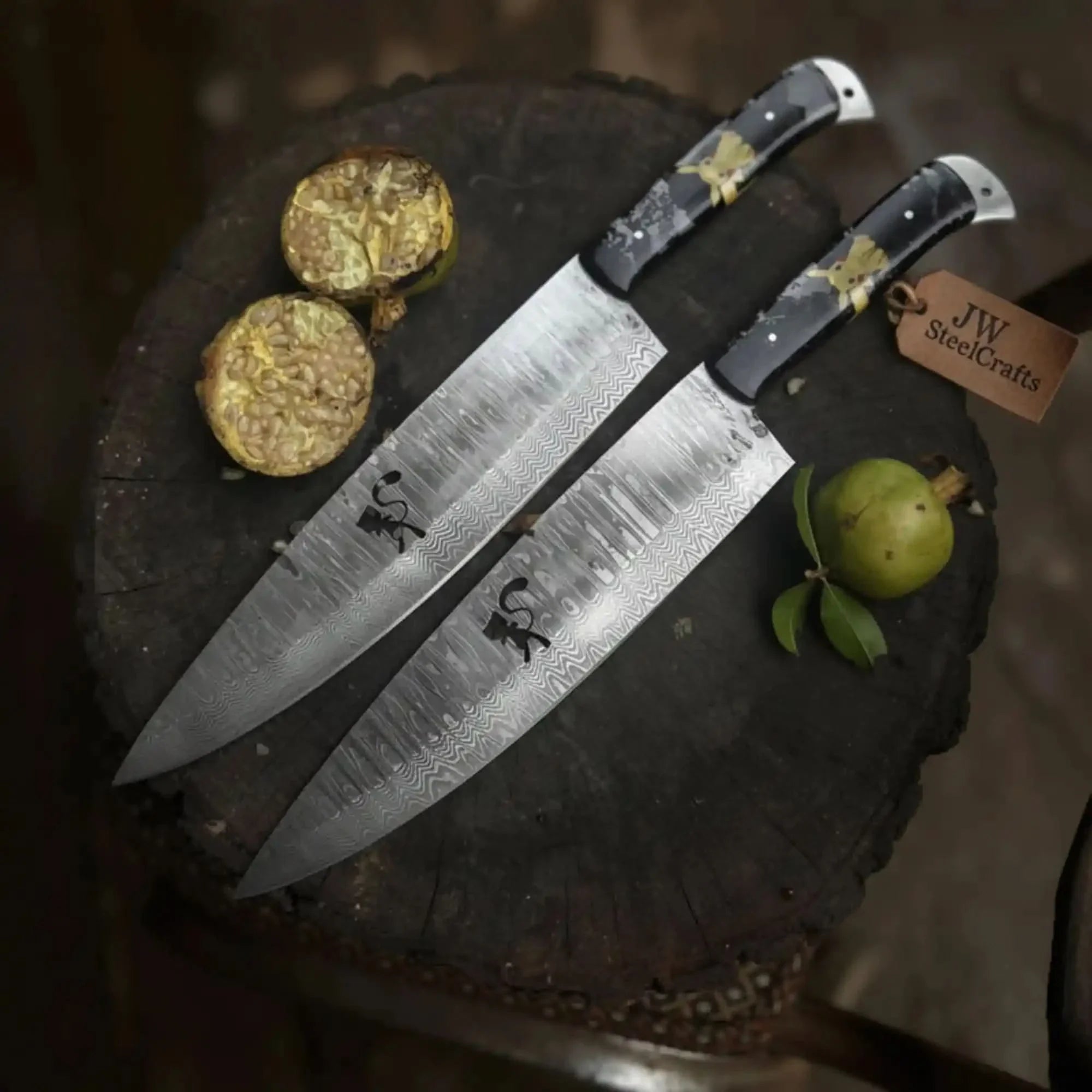 Handmade Damascus Chef Knife Set of 2-Piece Stainless Damascus Kitchen Knives with Blue Resin Handles