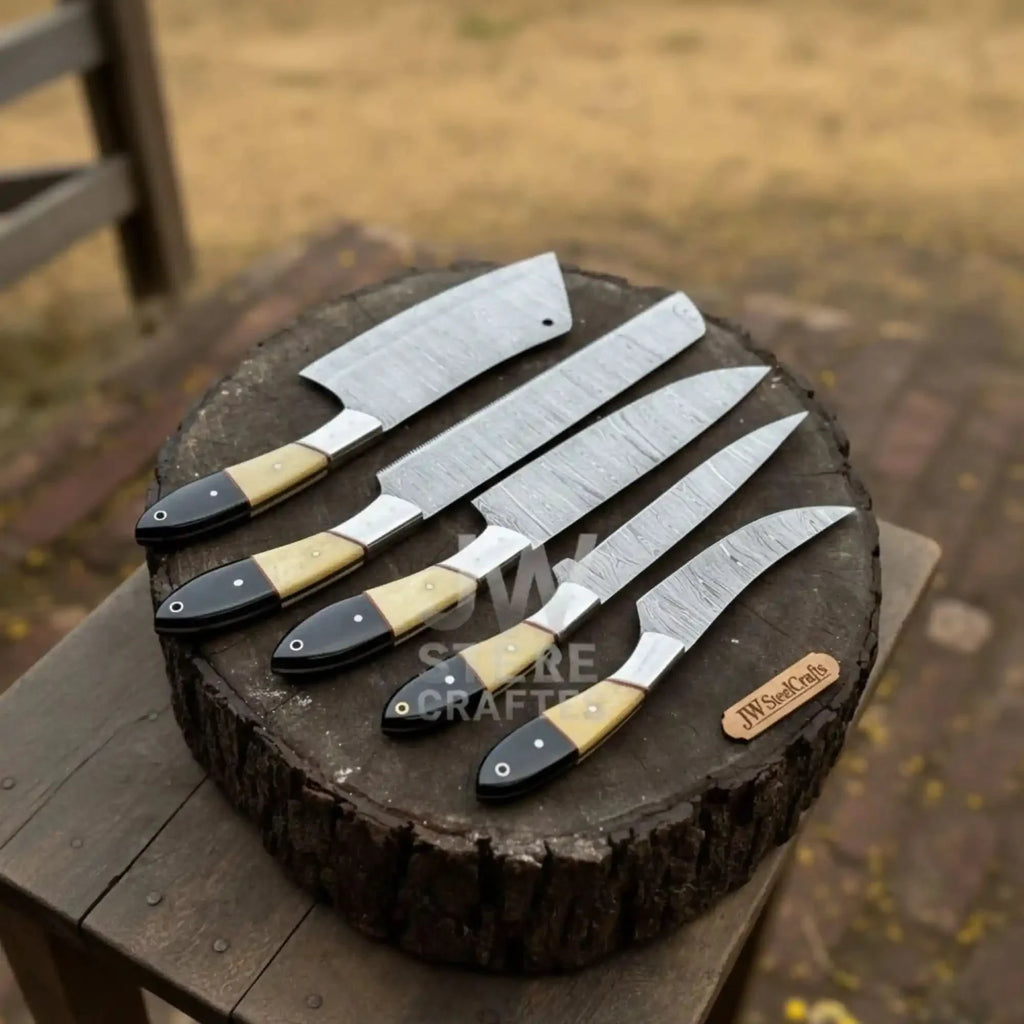 5-Piece Handmade Damascus Chef Knife Set with Wood and Resin Handles
