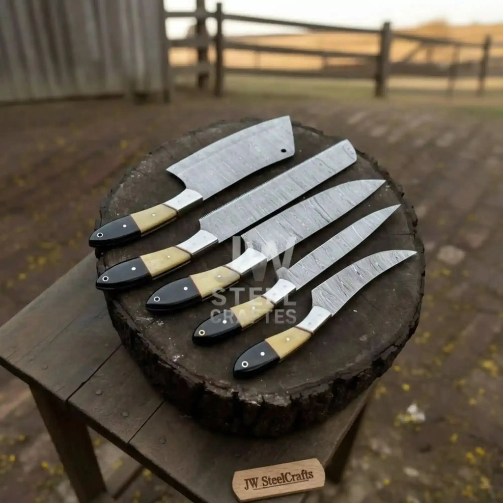 5-Piece Damascus Chef Knife Set – Camel Bone and Black Micarta Handles