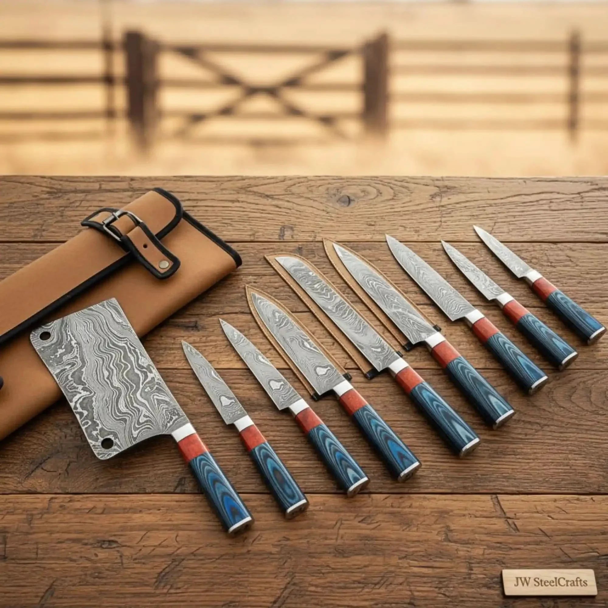 9-Piece Damascus Cleaver Knife Set with Blue, Red Handles & Meat Cleaver