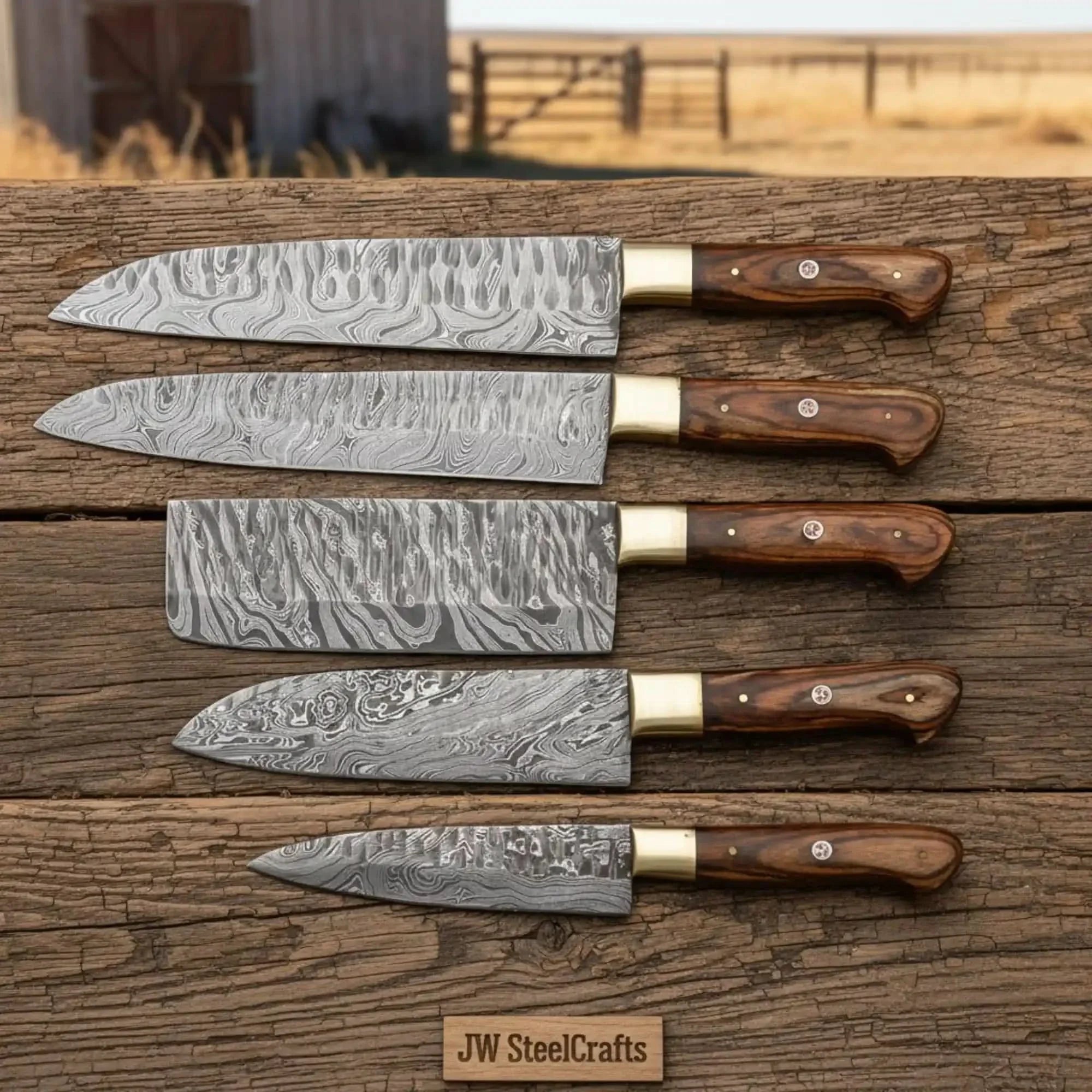 5-piece Damascus Cleaver Nakiri Chef Knife Set with Pakka Wood Handles