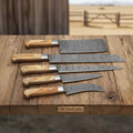5-Piece Damascus Cleaver Slicer Knife Set Olive Wood Handles