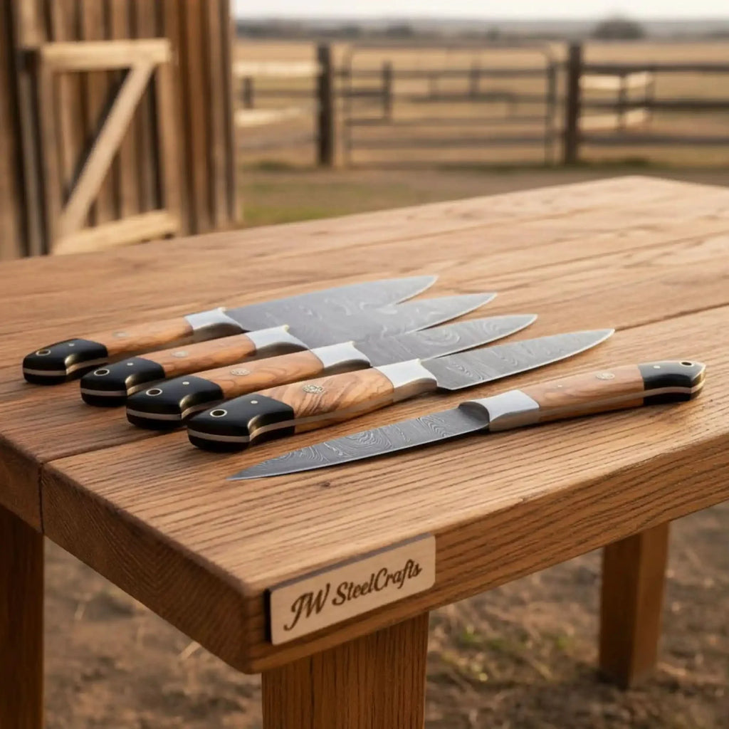 8-Piece Damascus Fillet and Precision Knife Set — Olive Wood and Black Resin Handles