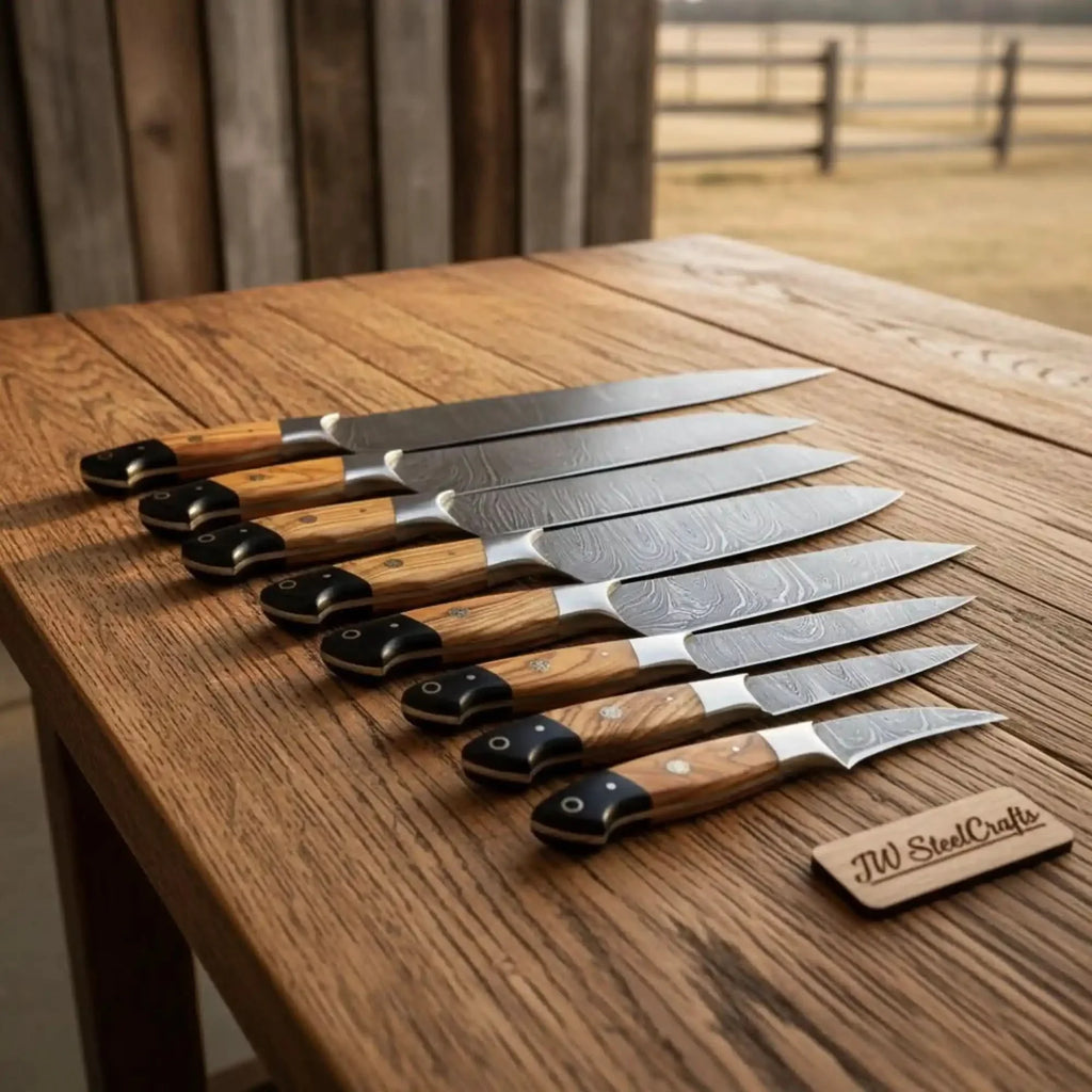 8-Piece Damascus Fillet and Precision Knife Set — Olive Wood and Black Resin Handles