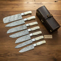 7-Piece Damascus Fire Pattern Japanese Knife Set with Wood Grain Damascus Blades
