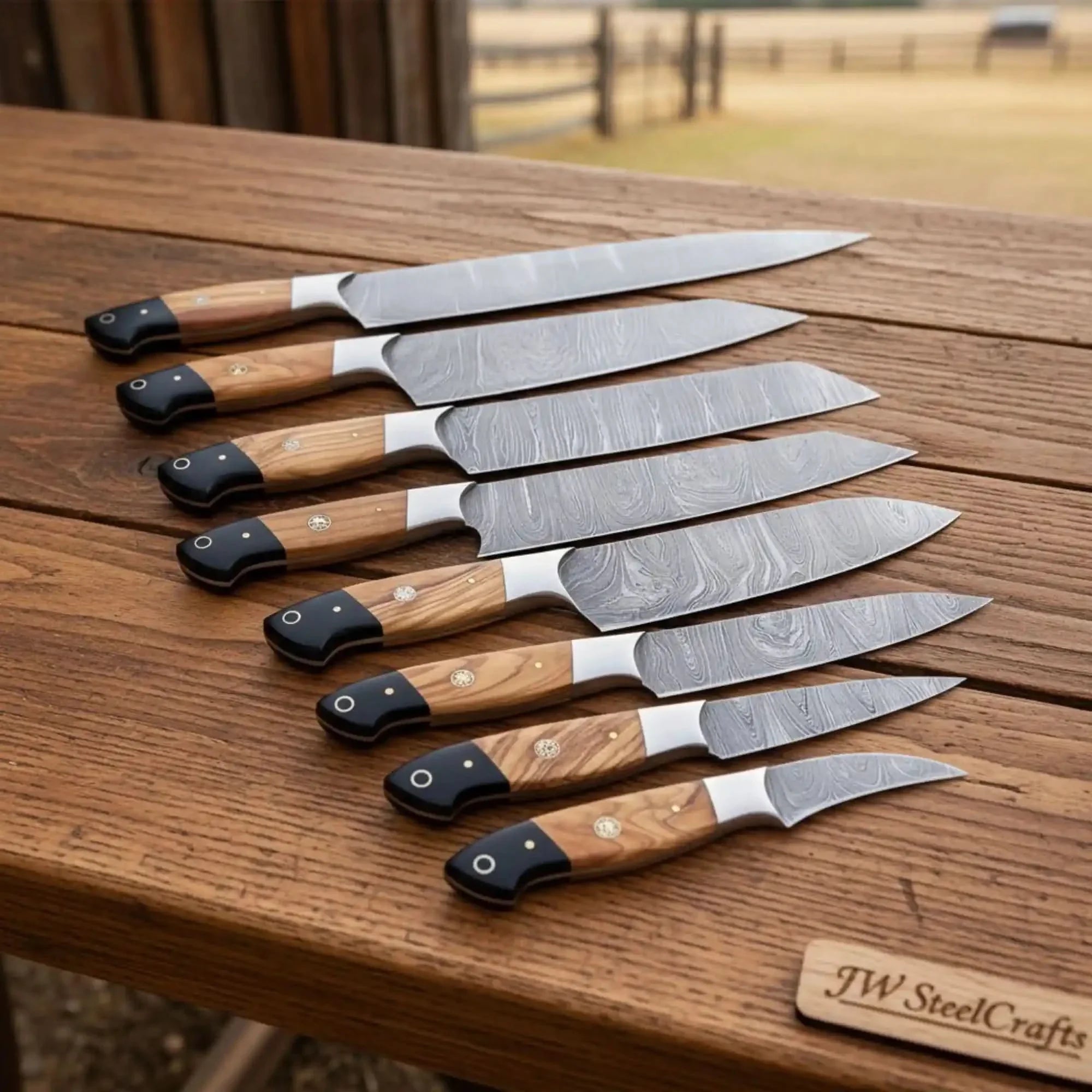 7-Piece Full Tang Damascus Gyuto Knife Set Olive Wood Handles