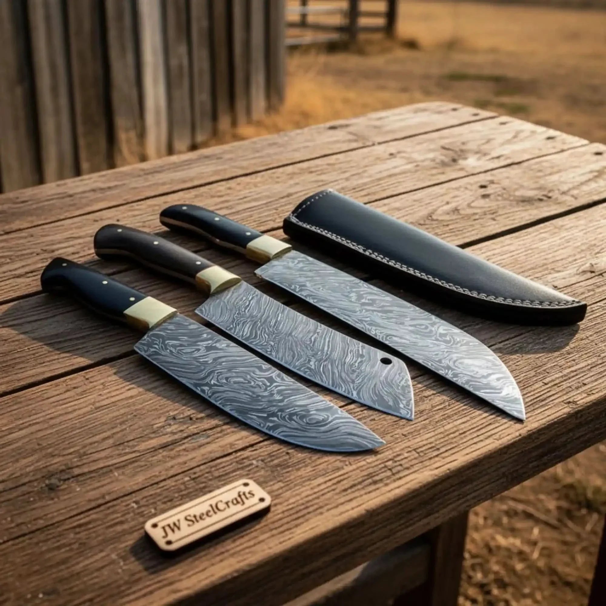 3 Piece Damascus Gyuto Santoku Utility Knife Set with Black Handles