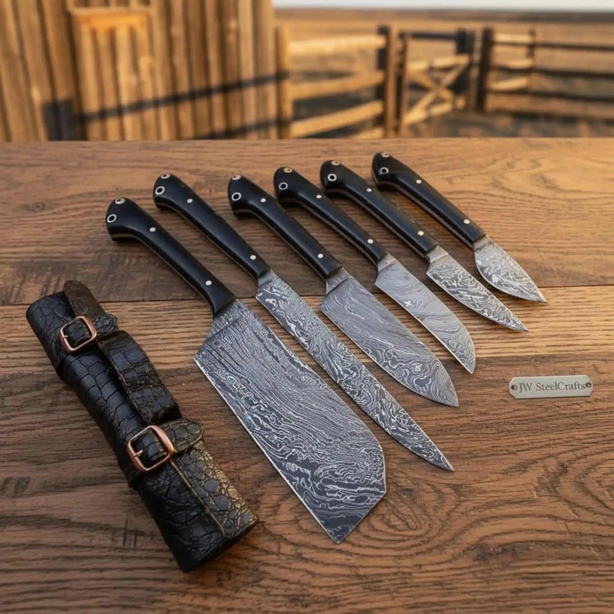 6-Piece Damascus Japanese Chef Collection with  Wood Grain Damascus Blades