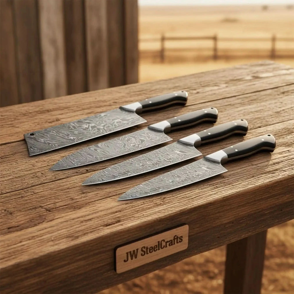 4-Piece Damascus Japanese Knife Quartet with Black Pakka Wood Handles