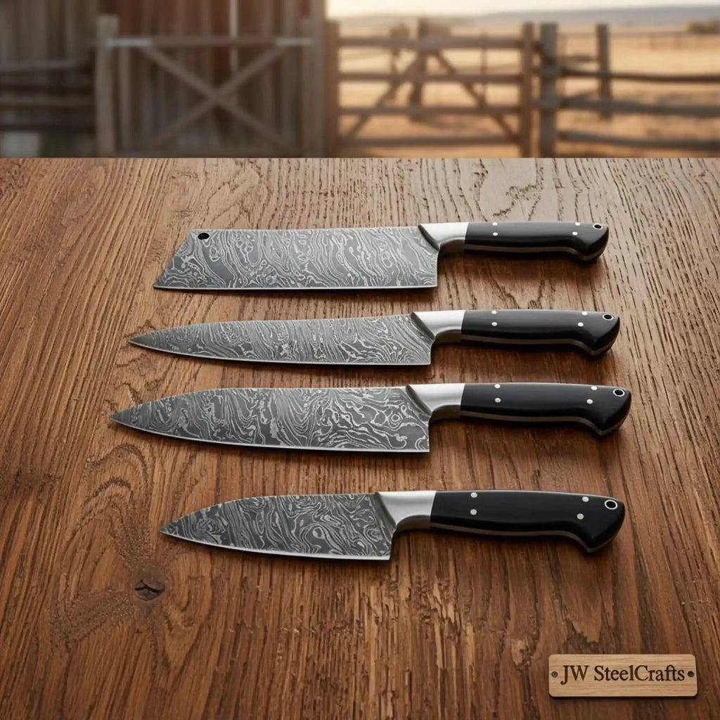 4-Piece Damascus Japanese Knife Quartet with Black Pakka Wood Handles