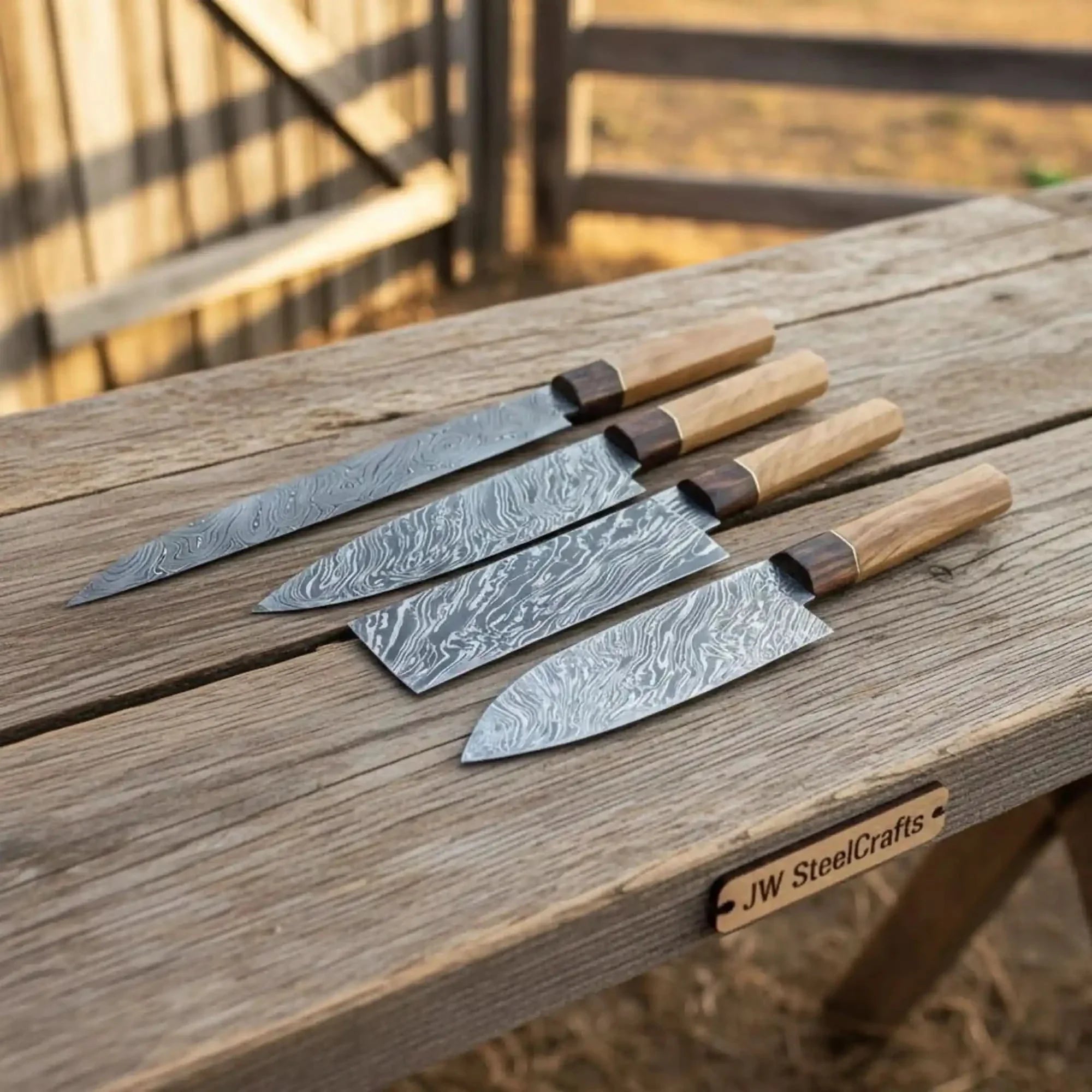 4-Piece Damascus Kiritsuke Bunka Knife Set — Fire Pattern Blades