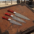 3-Piece Damascus Kiritsuke Knife Set Red Pakka Wood Handles