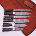 6-Piece Ladder Pattern Damascus Knife Set with Black Wood Handles and Steel Bolsters