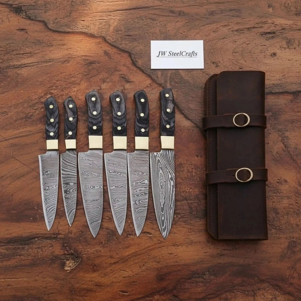 5-Piece Damascus Kitchen Knife Set Black Pakka Wood — Forged Damascus Blades