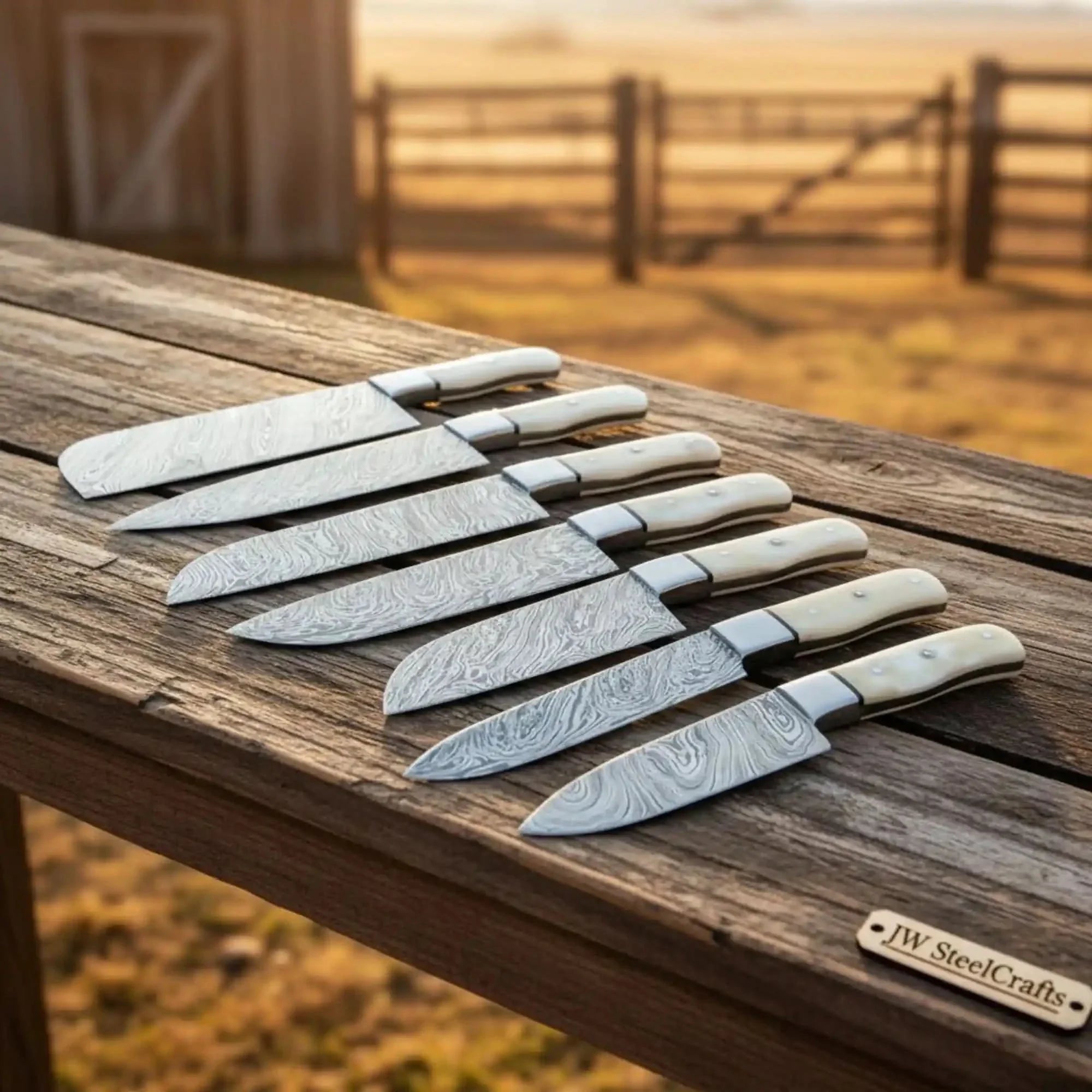 7-Piece Handmade Damascus Kitchen Knife Set with Camel Bone Handle