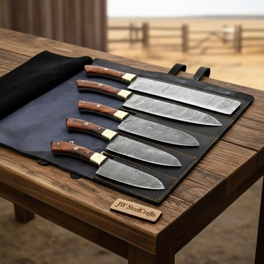 5-Piece Damascus Kitchen Knife Set Pakka Wood Leather Roll with Wood Grain Blades