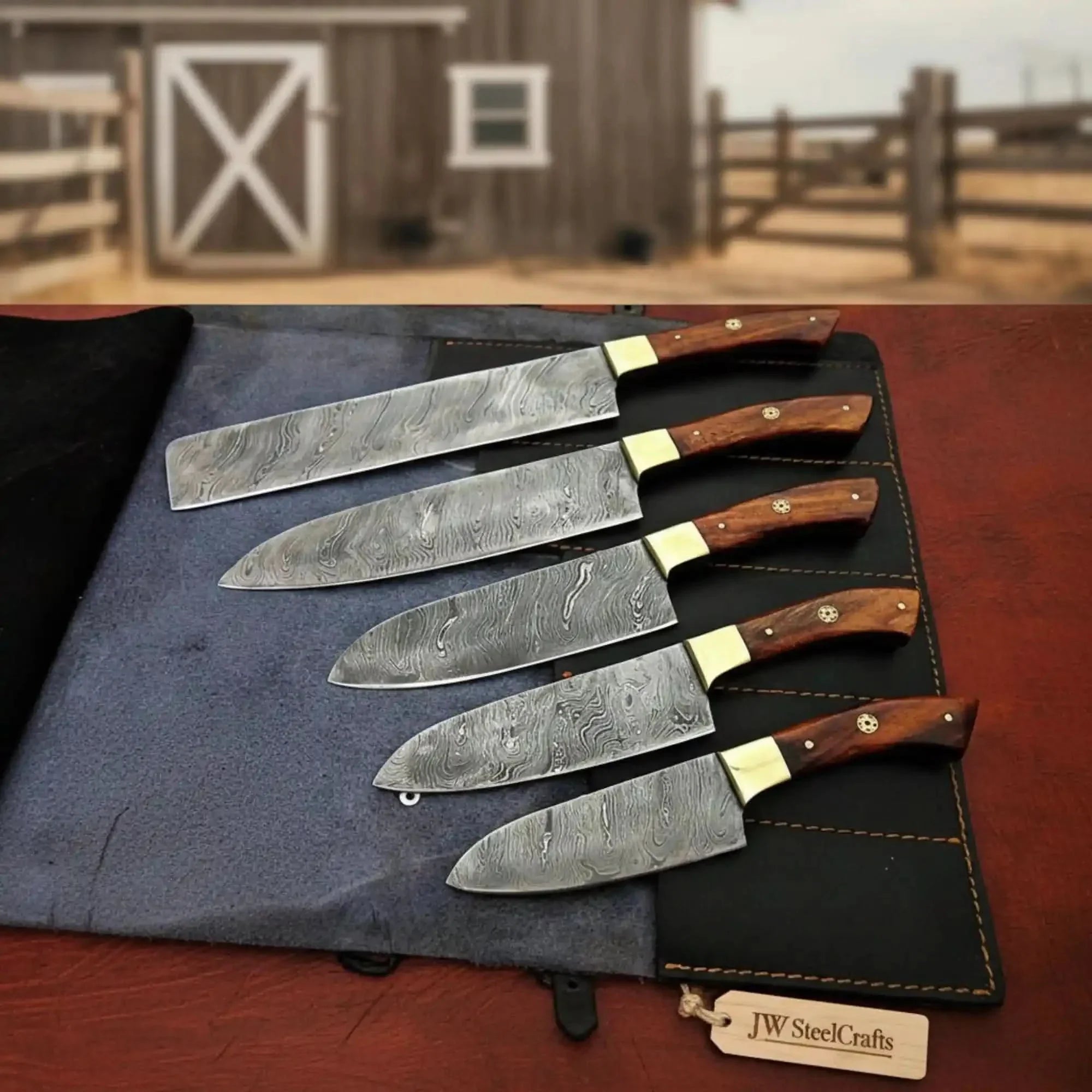 5-Piece Damascus Kitchen Knife Set Pakka Wood Leather Roll with Wood Grain Blades