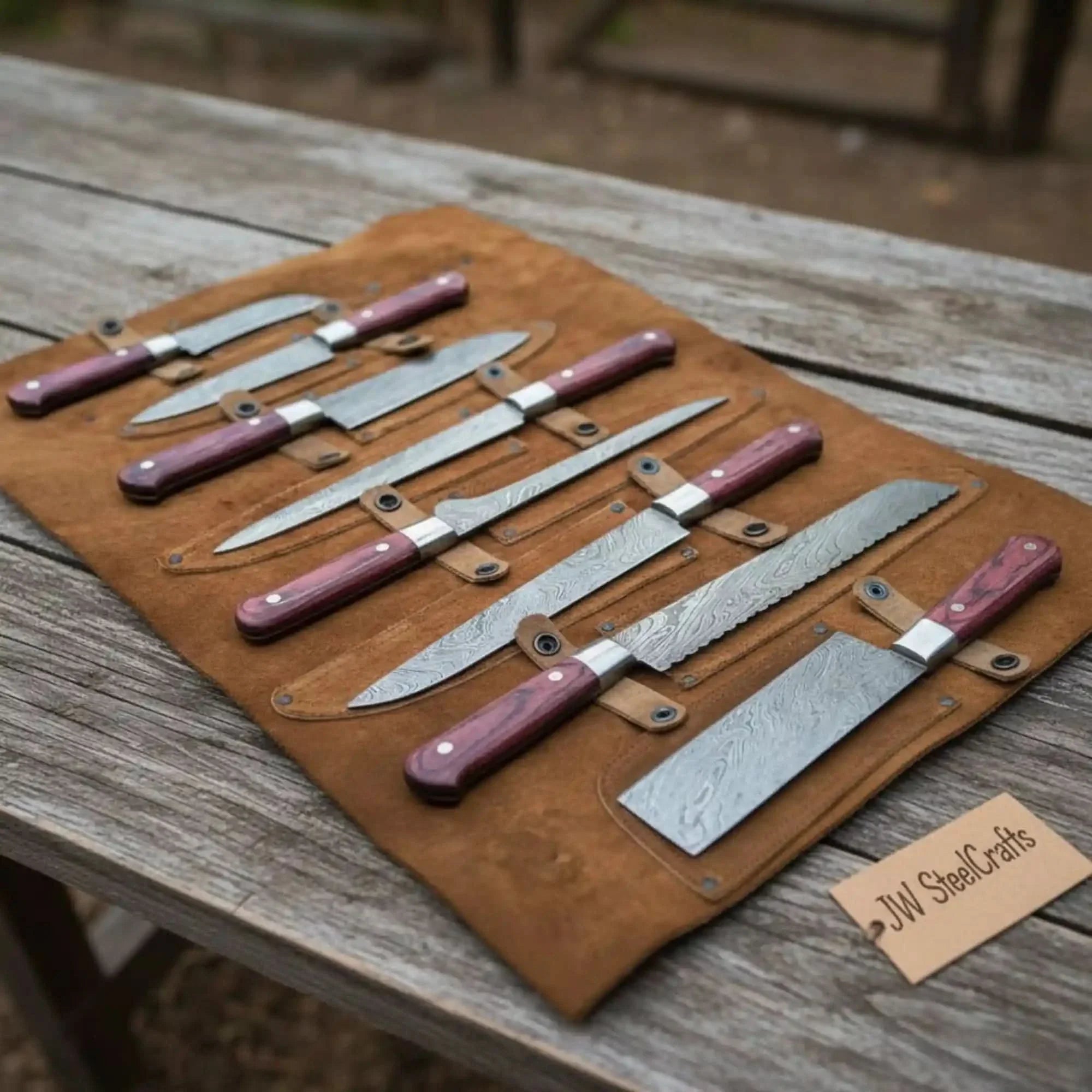 Premium 8-Piece Damascus Kitchen Knife Set wiith Red Pakka Wood Handles