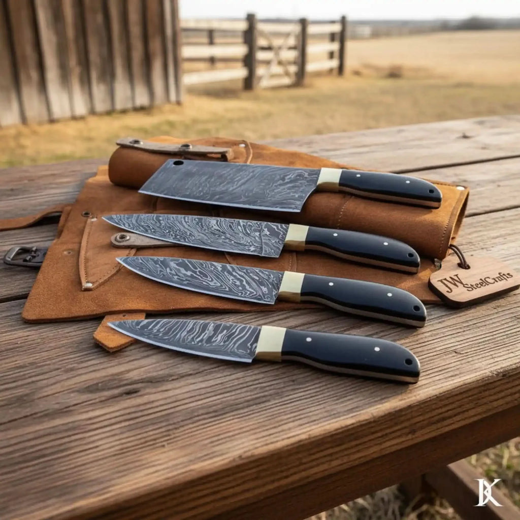 4-Piece Damascus Kitchen Knife Set — Bread, Chef, Utility & Paring with Black Resin Handles, Brass Bolsters & Leather Roll