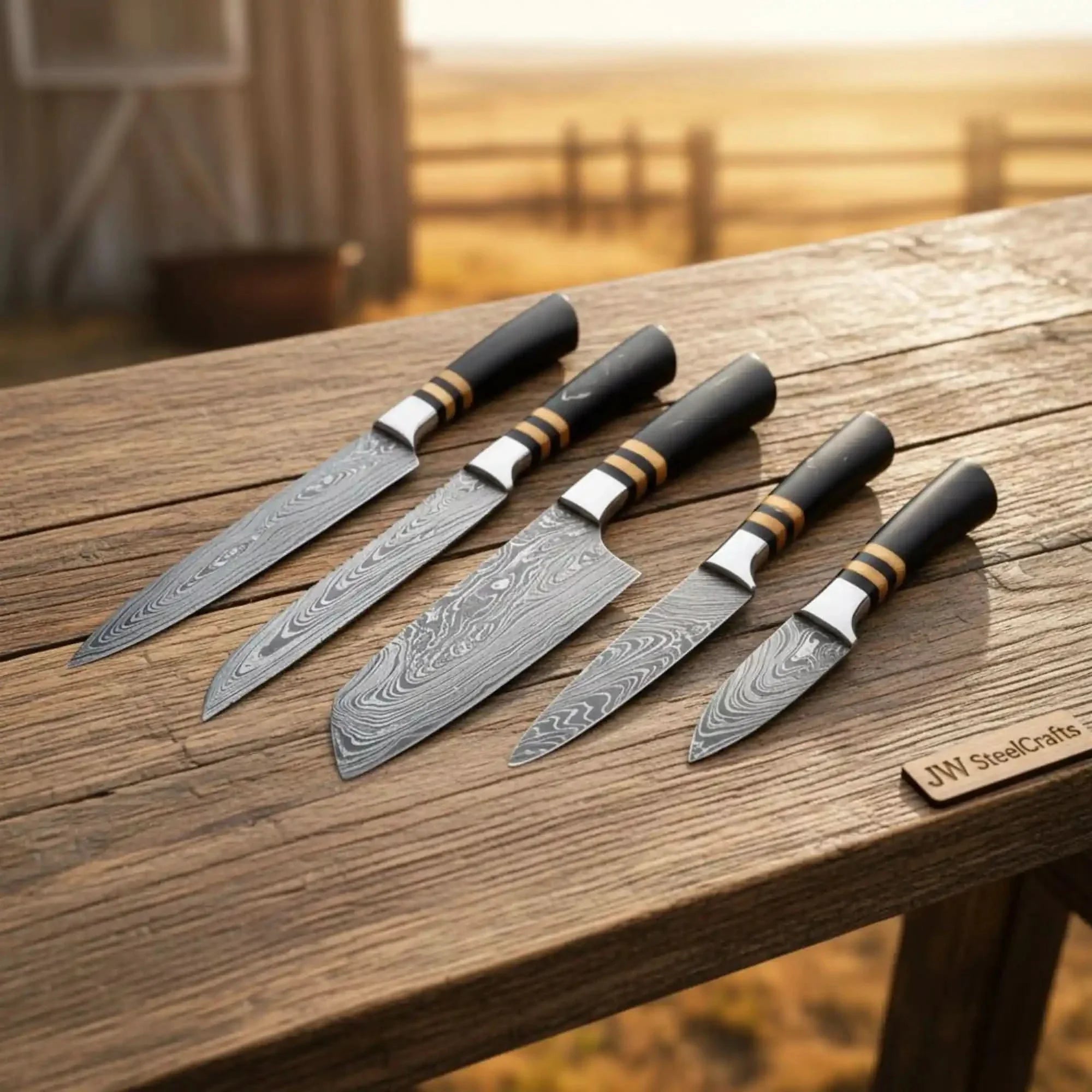 5-Piece Damascus Knife Set Black Resin Rosewood Handle — Wood Grain Damascus Blades