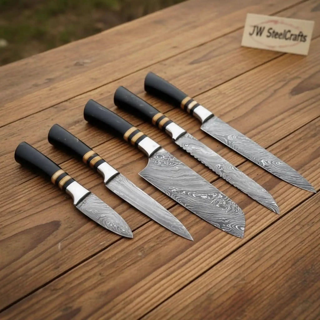 5-Piece Damascus Knife Set Black Resin Rosewood Handle — Wood Grain Damascus Blades