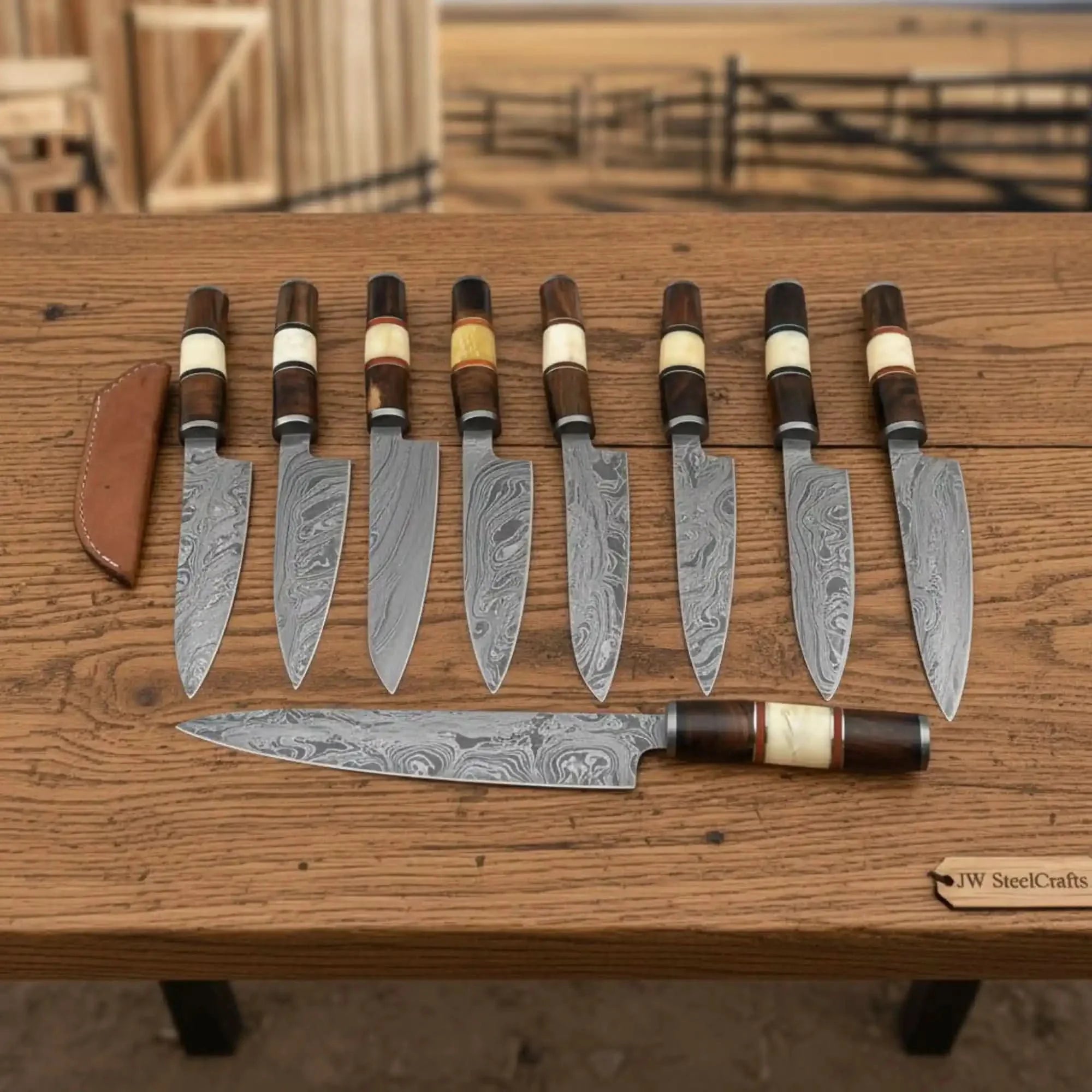 9-Piece Damascus Knife Set Bone and Rosewood Handle — Swirl Damascus Blades