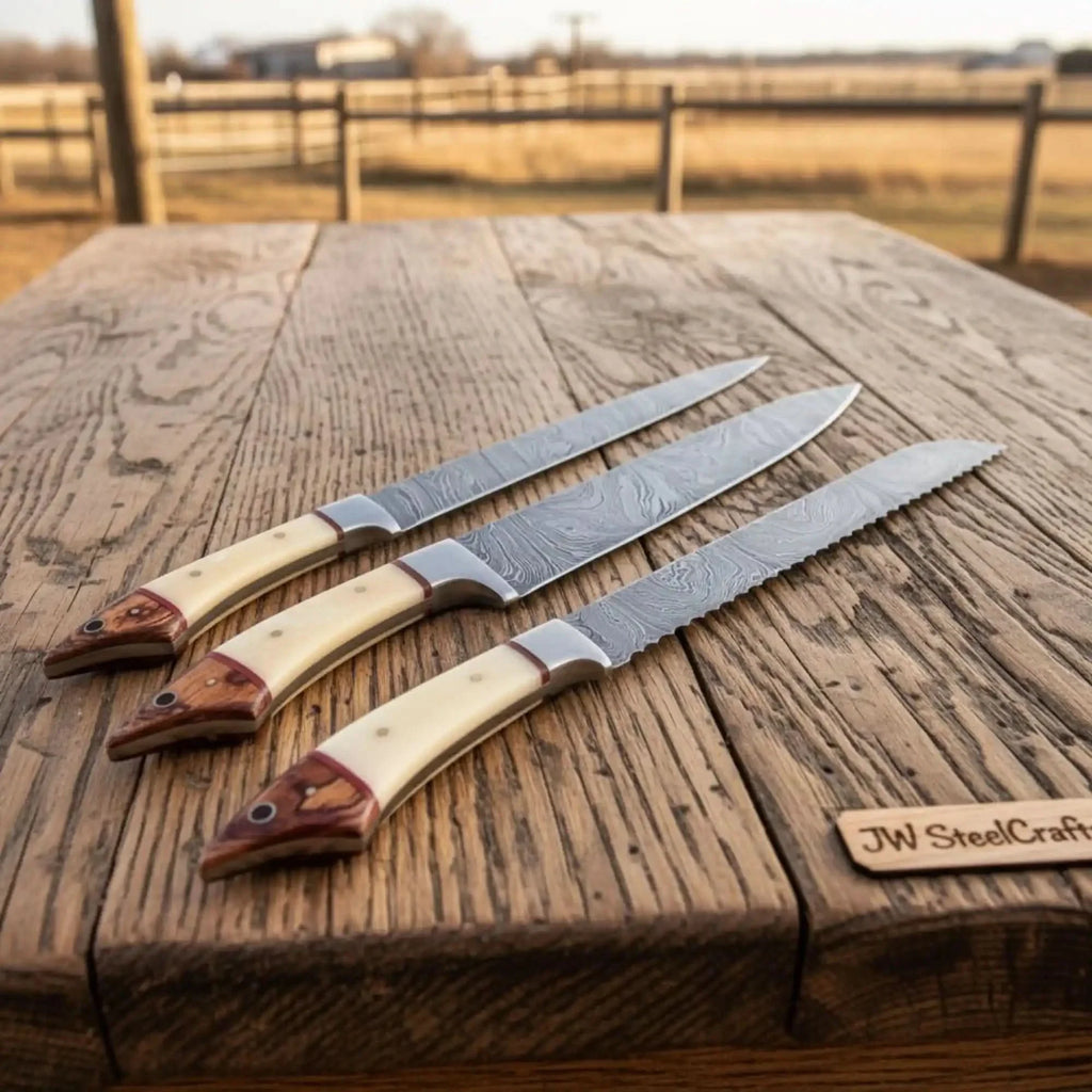 5-Piece Damascus Knife Set Bone and Wood Handle — Feather Damascus Blades
