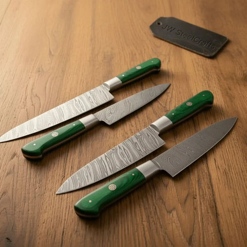 6-Piece Damascus Kitchen Knife Set with Green Wood Handle