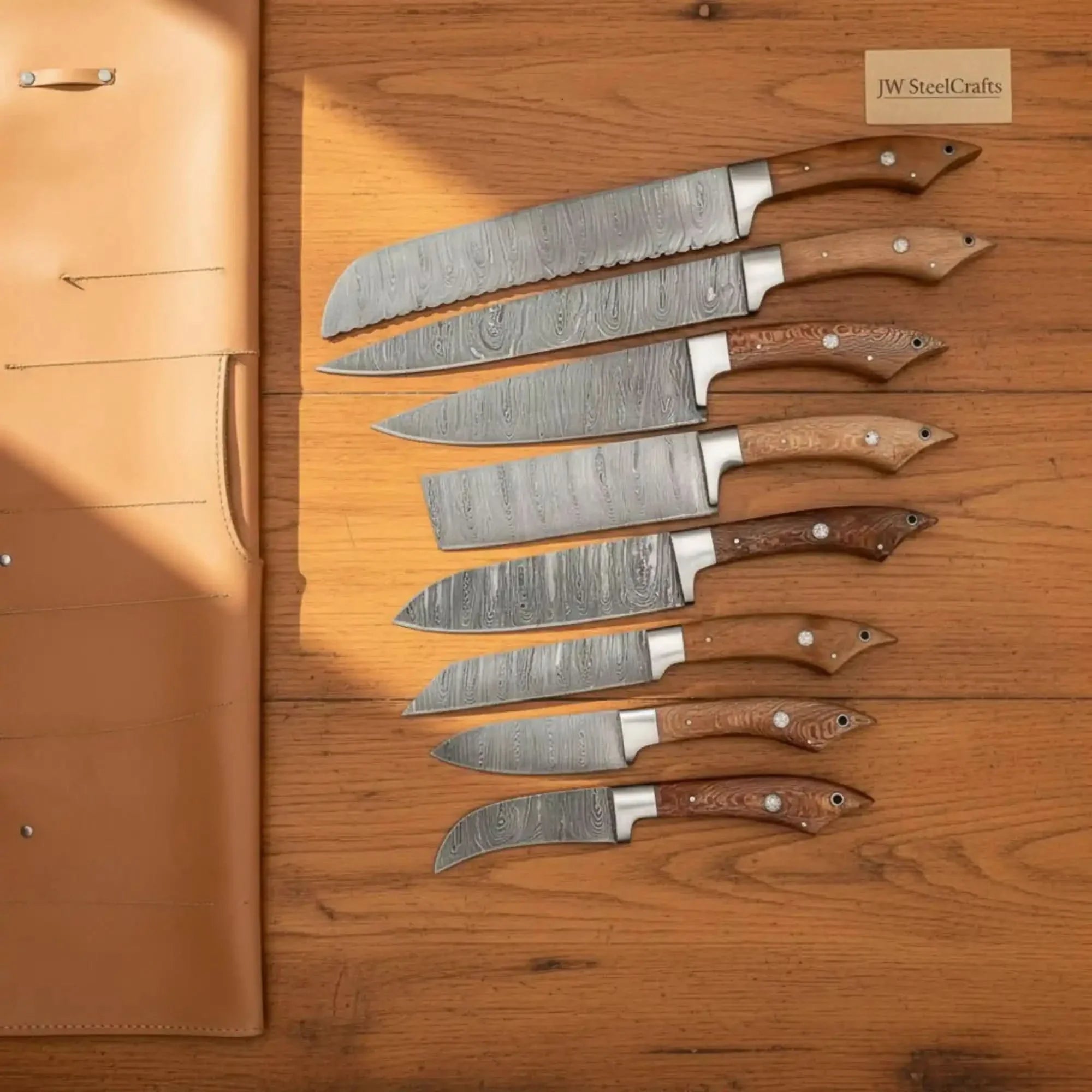 8-Piece Damascus Knife Set Lacewood Handle with Wood Grain Damascus Blades