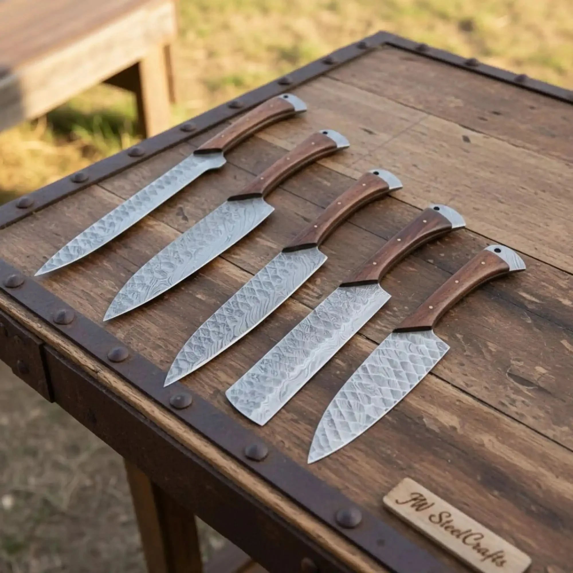 Hand Forged Damascus Chef Knife Set, Natural Wood Handle, Full Tang Kitchen Knife Collection