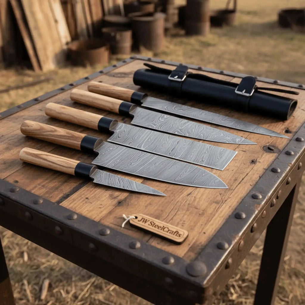 4-Piece Damascus Knife Set Olive Wood Wa Handle & Black Leather Roll