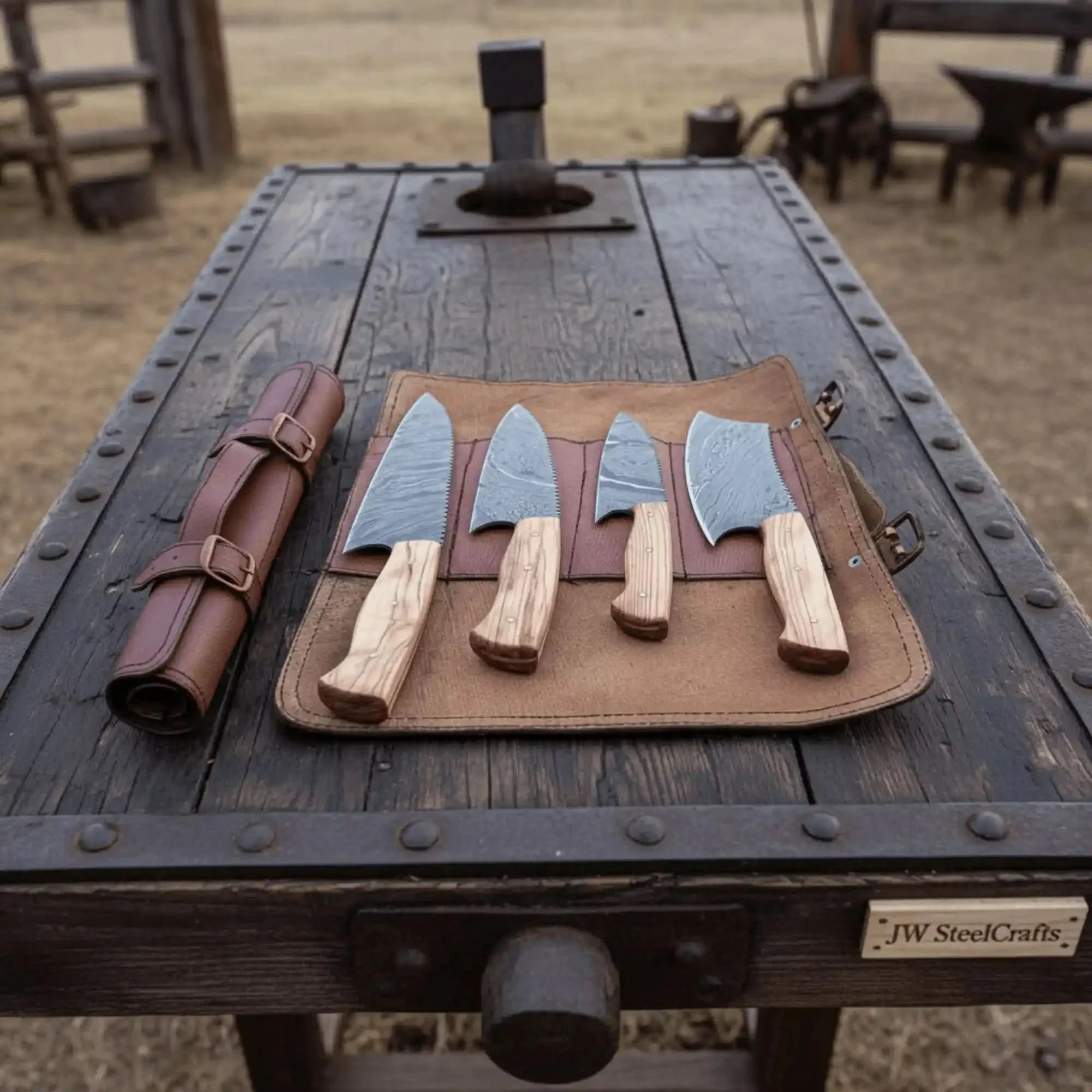 4 Piece Damascus Knife Set Olive Wood with Cleaver