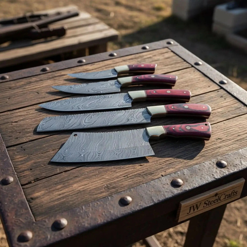 5-Piece Damascus Knife Set with Red Pakkawood, Brass Bolster, Cleaver and Bread Knife