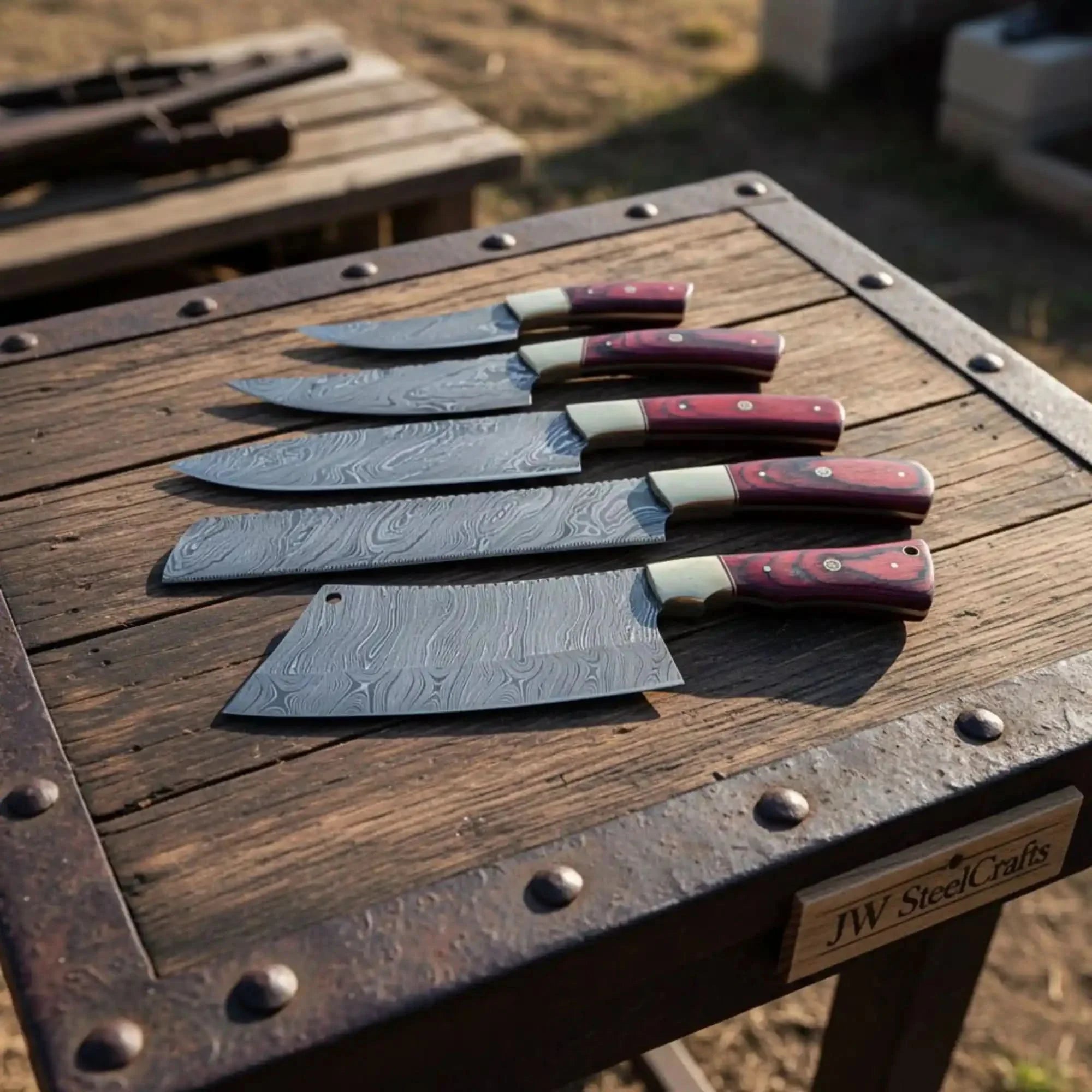 5-Piece Damascus Knife Set with Red Pakkawood, Brass Bolster, Cleaver and Bread Knife